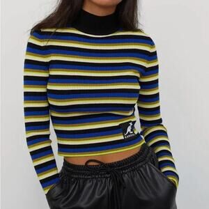 Kangol x H&M Medium Mockneck Cropped Sweater Retro Stripe 80s Blue Green Hipster